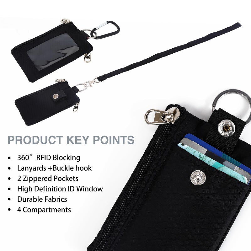 MASAPHIL MASAPHlL Small Lanyard Wallet for Women/Men with RFID Blocking ID Badge Holder  Minimalist Nylon Zipper Pouch  Traval Neck Wallet with Keychain  ID Window for Card Coin Cash (Black) - Image 3